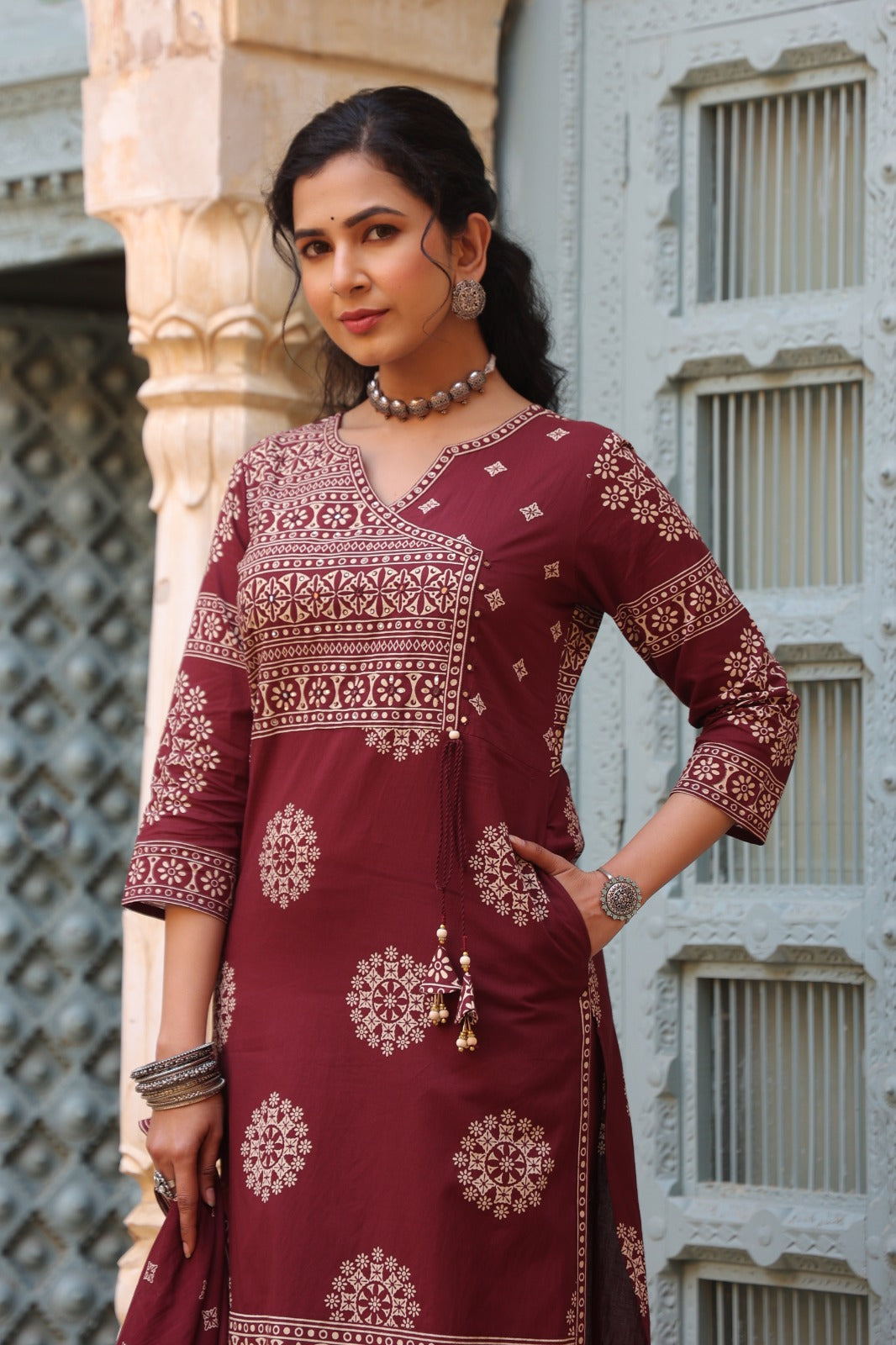 Maroon Mandala Angrakha Cotton Dupatta Suit