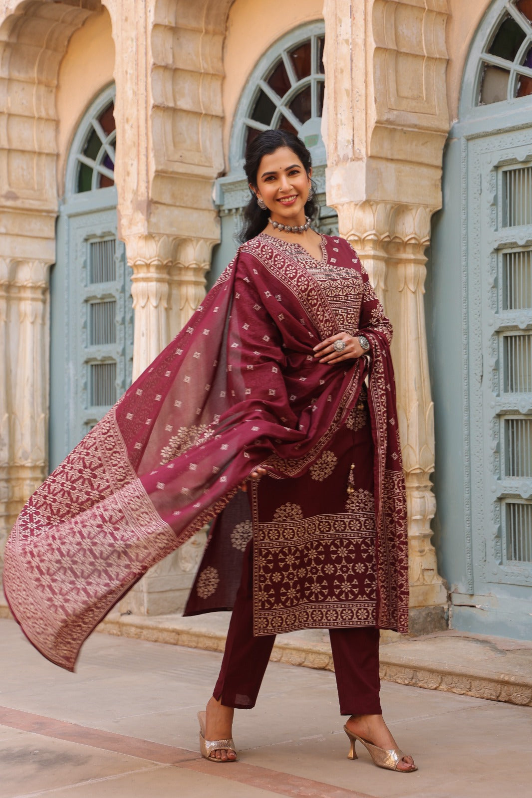 Maroon Mandala Angrakha Cotton Dupatta Suit