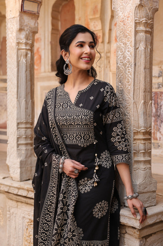 Black Mandala Angrakha Cotton Dupatta Suit