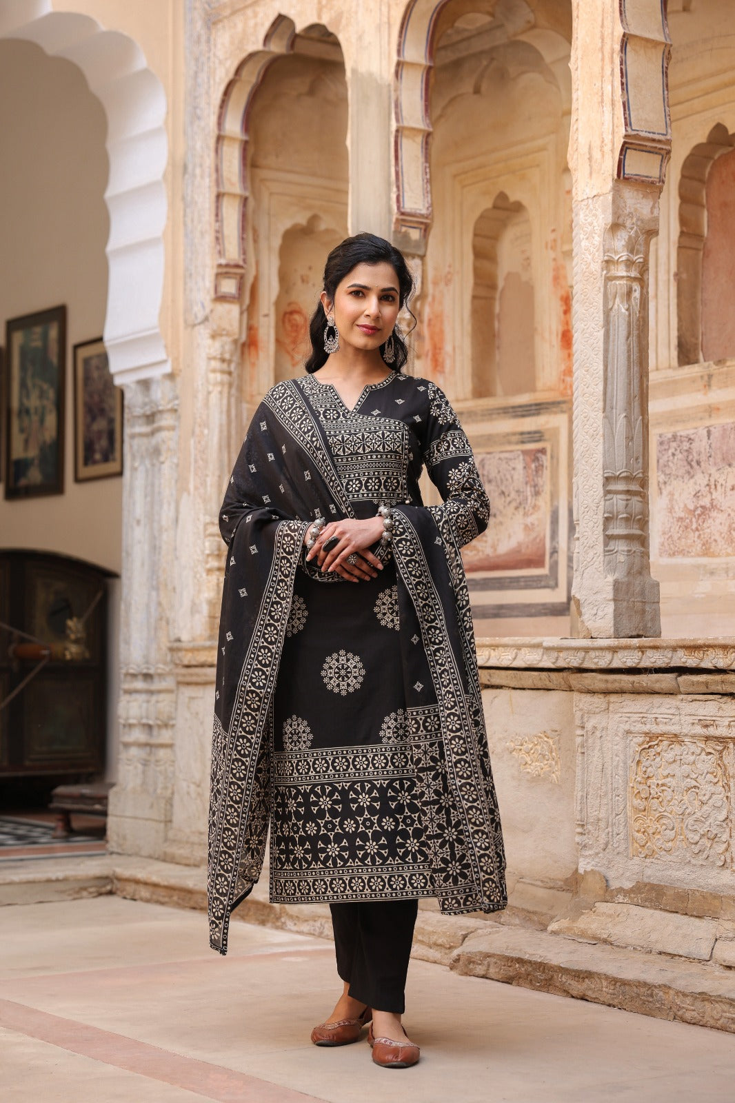 Black Mandala Angrakha Cotton Dupatta Suit