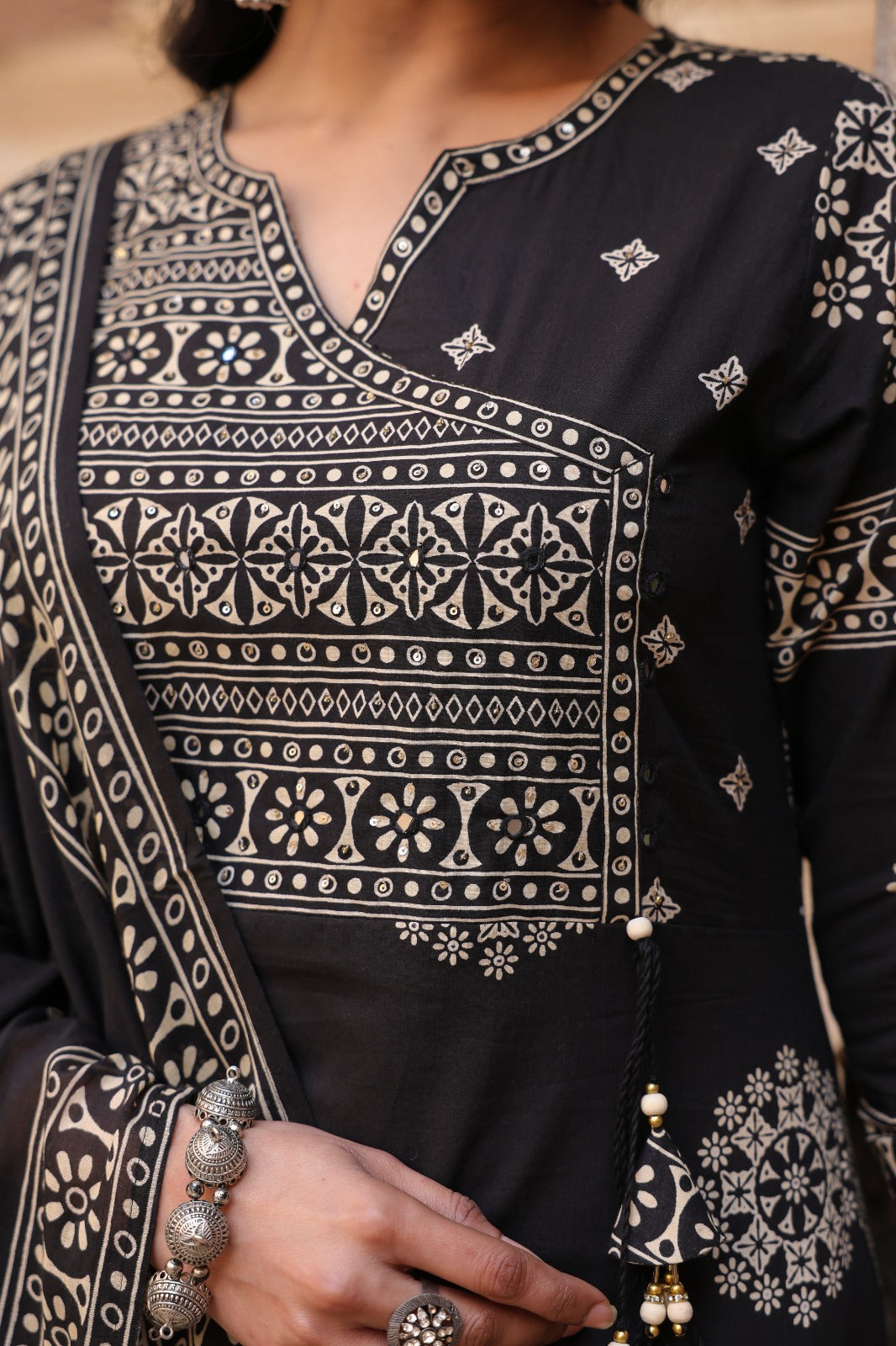 Black Mandala Angrakha Cotton Dupatta Suit