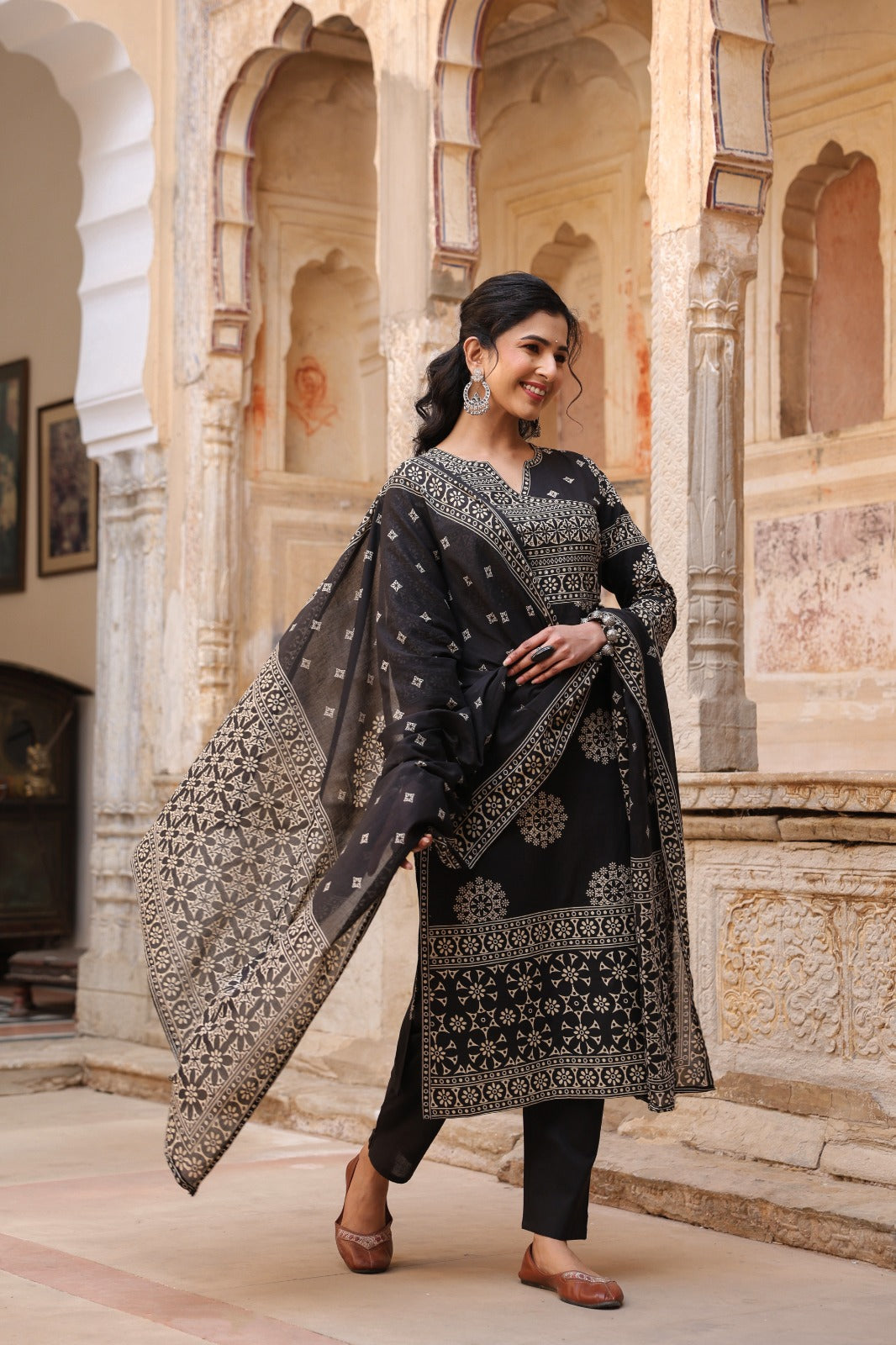 Black Mandala Angrakha Cotton Dupatta Suit