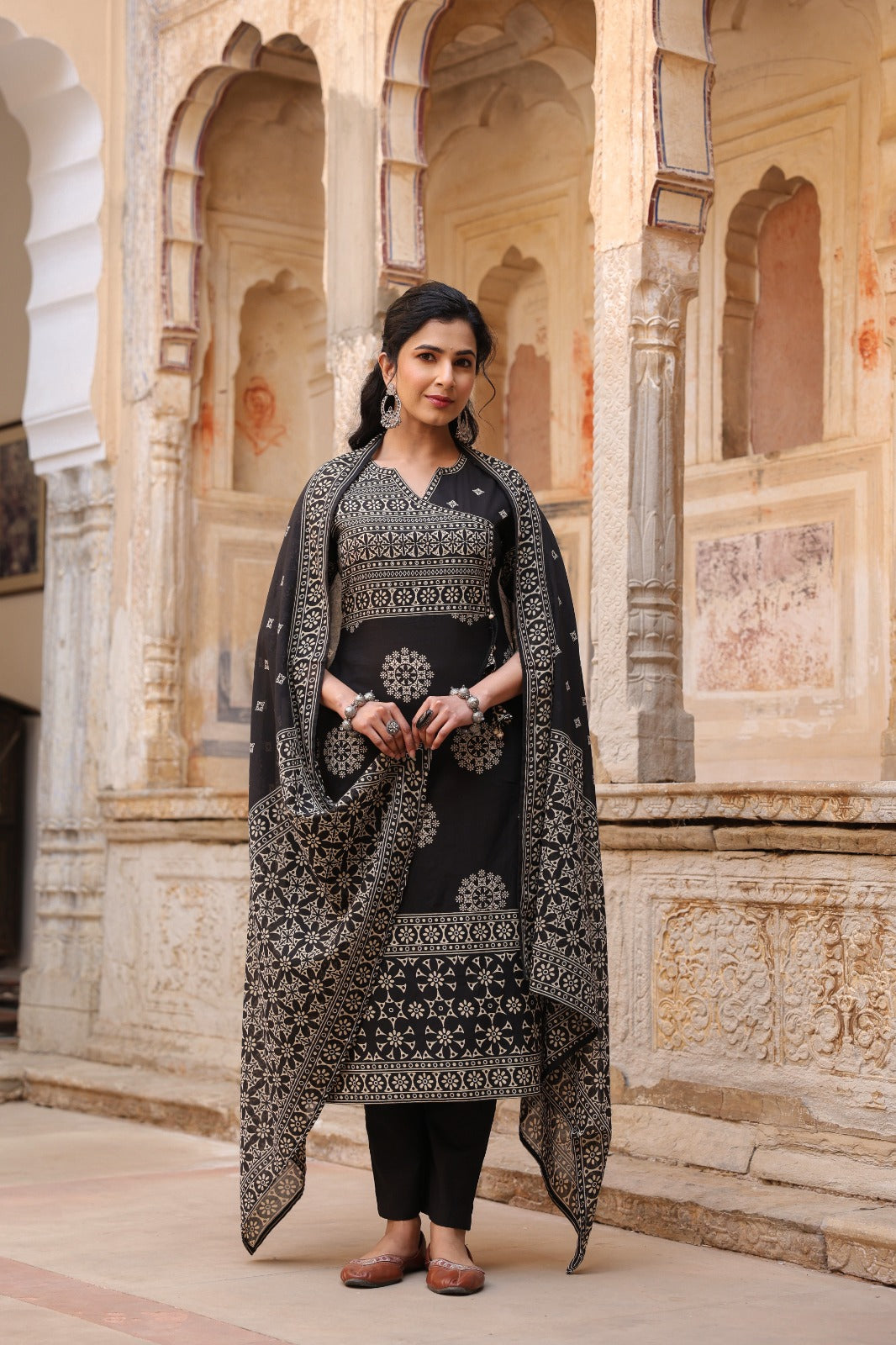 Black Mandala Angrakha Cotton Dupatta Suit
