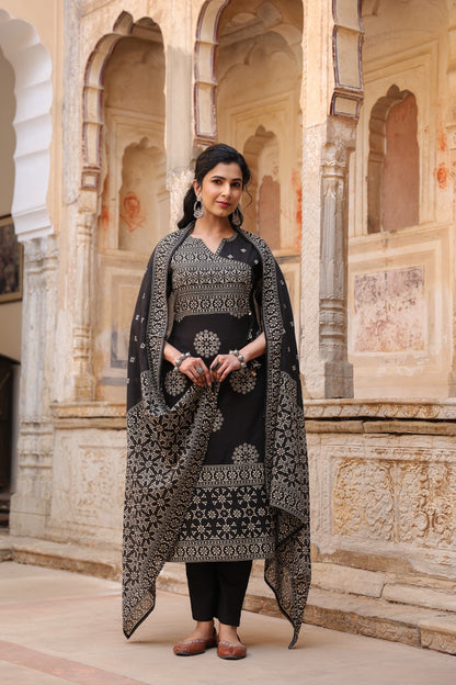 Black Mandala Angrakha Cotton Dupatta Suit