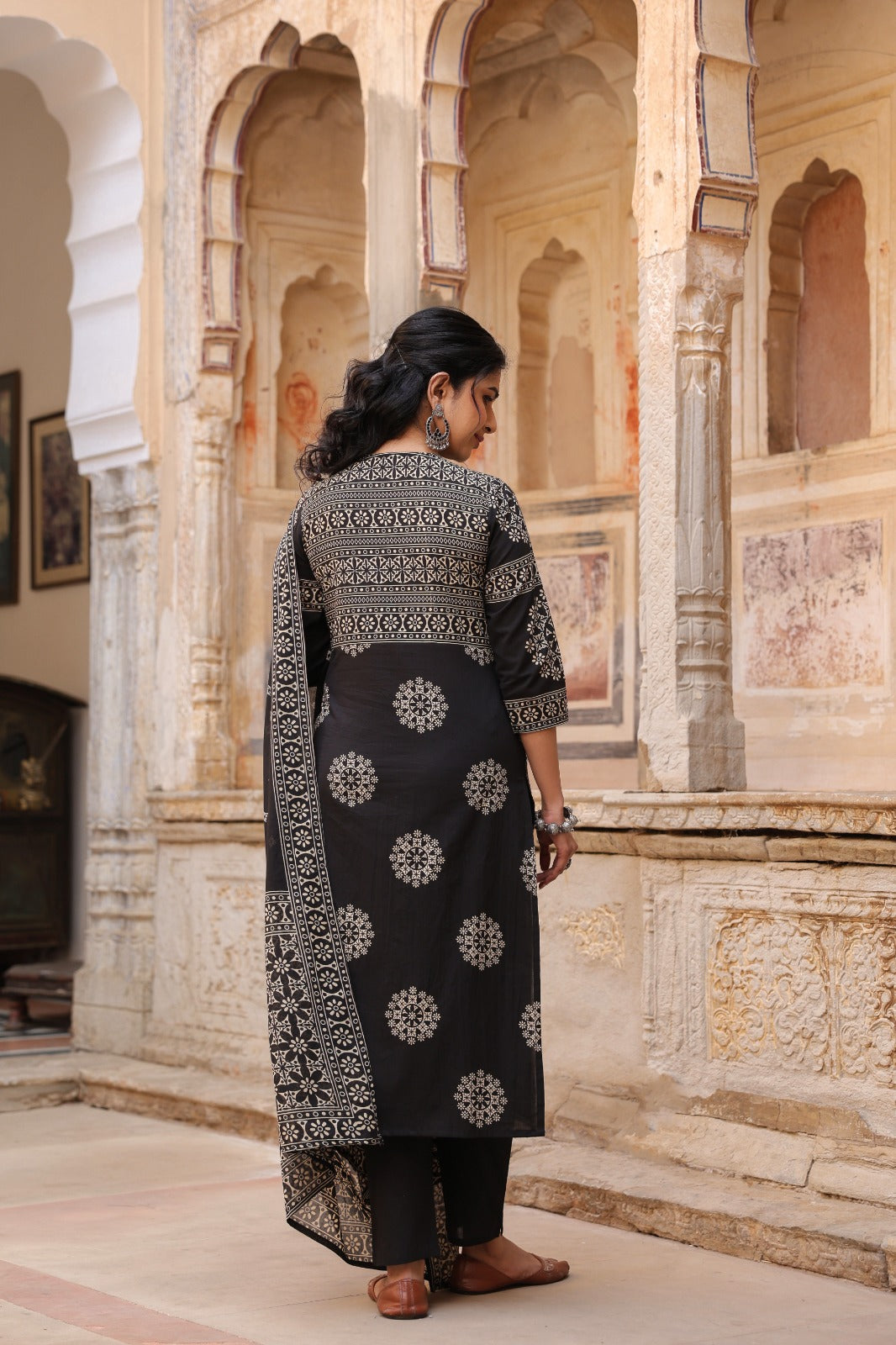 Black Mandala Angrakha Cotton Dupatta Suit