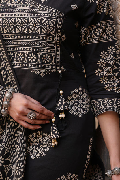 Black Mandala Angrakha Cotton Dupatta Suit
