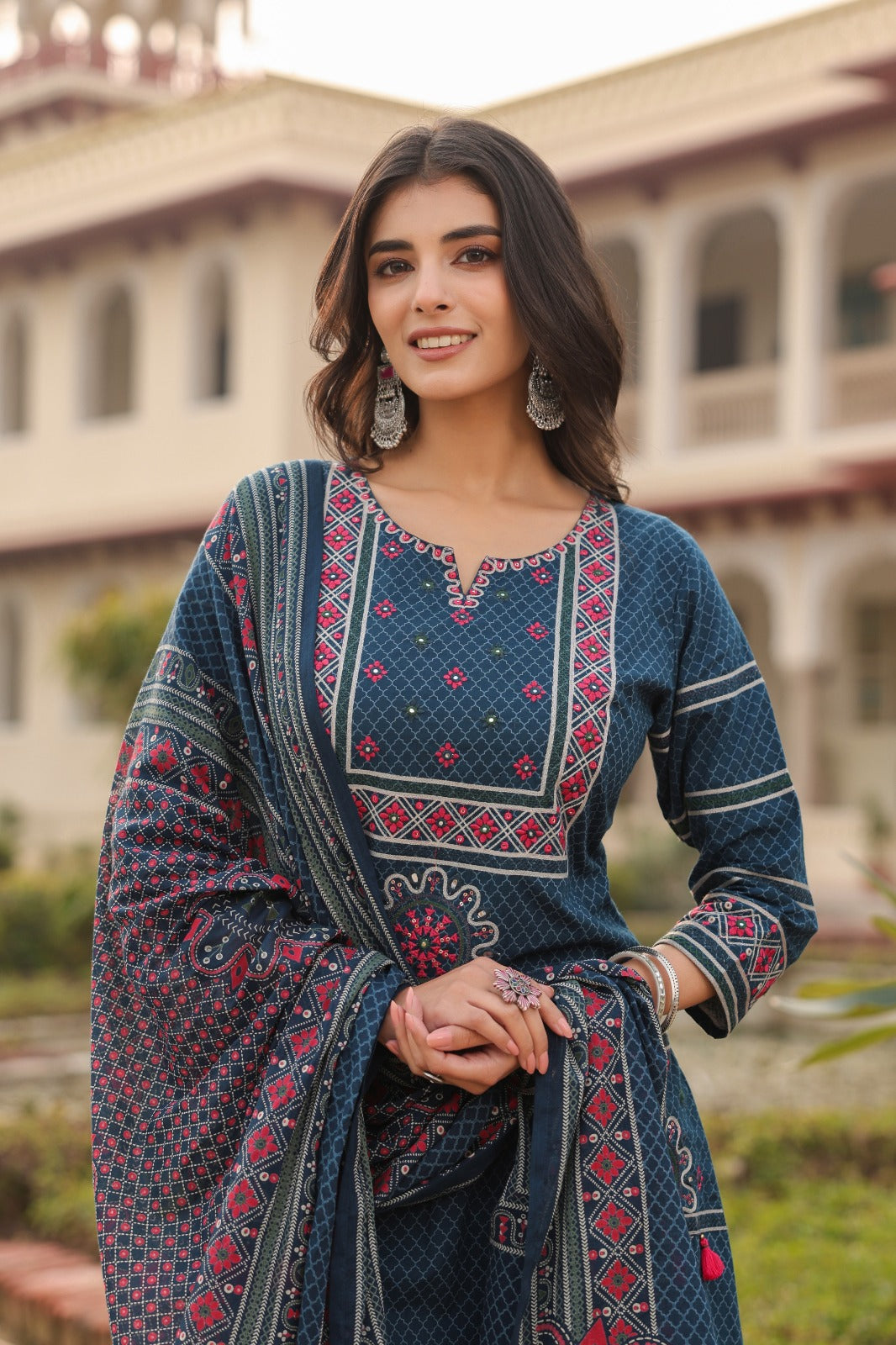 Blue Vatika Cotton Embroidery Dupatta Suit