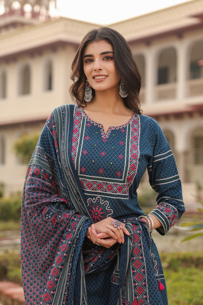 Blue Vatika Cotton Embroidery Dupatta Suit