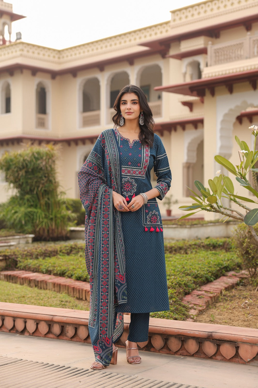 Blue Vatika Cotton Embroidery Dupatta Suit