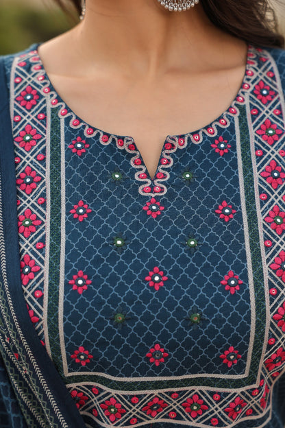 Blue Vatika Cotton Embroidery Dupatta Suit