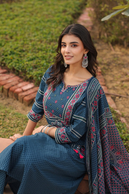 Blue Vatika Cotton Embroidery Dupatta Suit