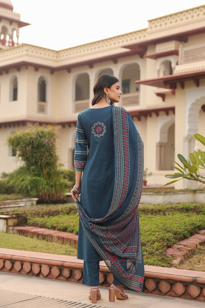 Blue Vatika Cotton Embroidery Dupatta Suit