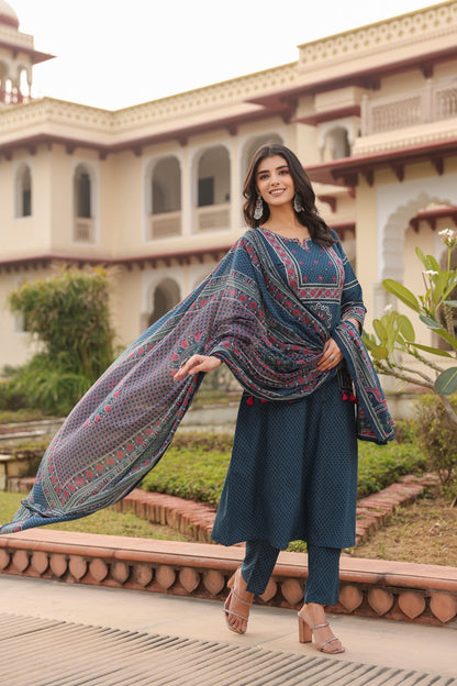 Blue Vatika Cotton Embroidery Dupatta Suit