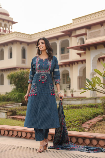 Blue Vatika Cotton Embroidery Dupatta Suit