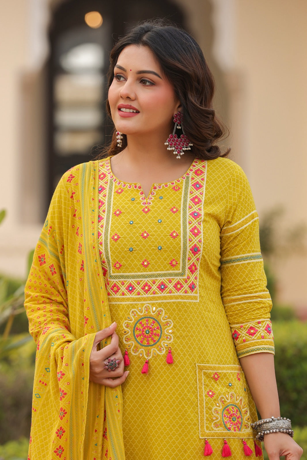 Yellow Vatika Cotton Embroidery Dupatta Suit