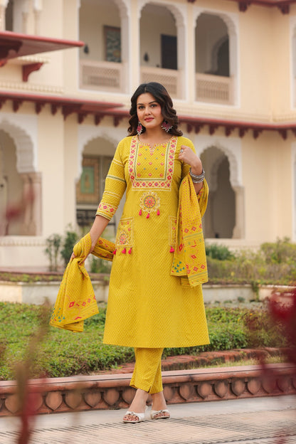 Yellow Vatika Cotton Embroidery Dupatta Suit