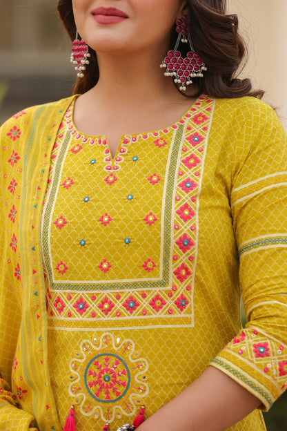 Yellow Vatika Cotton Embroidery Dupatta Suit