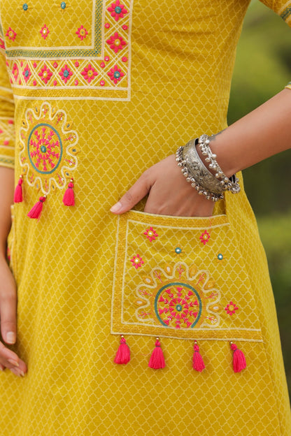 Yellow Vatika Cotton Embroidery Dupatta Suit