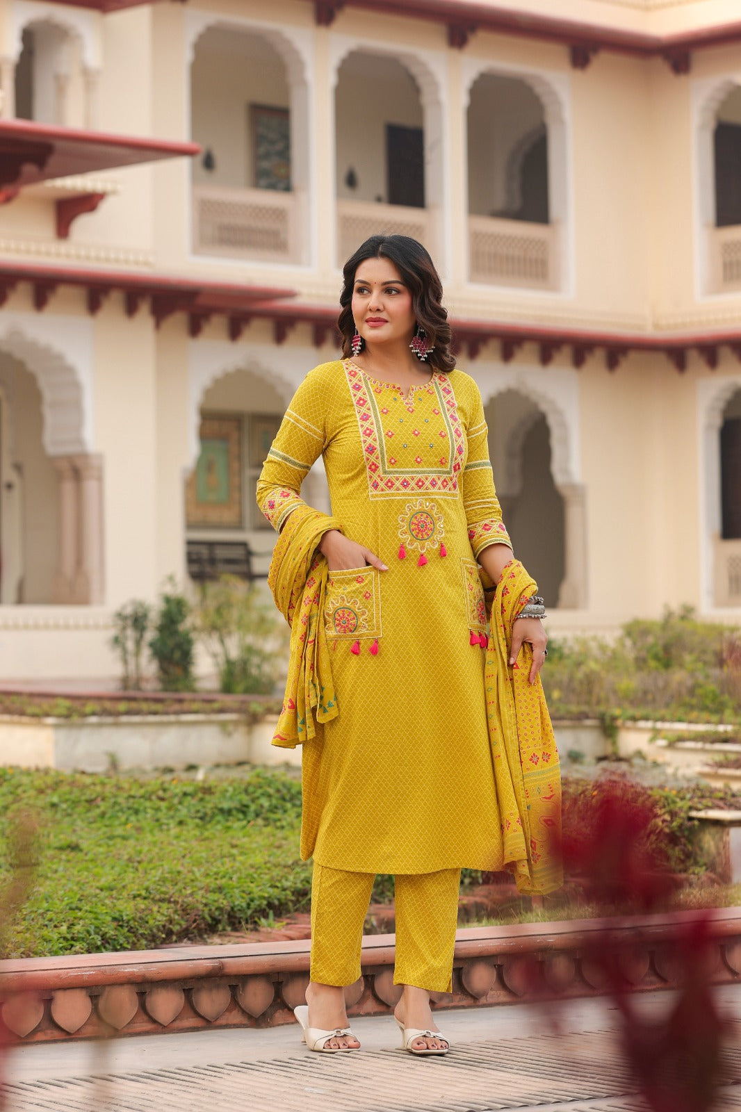 Yellow Vatika Cotton Embroidery Dupatta Suit