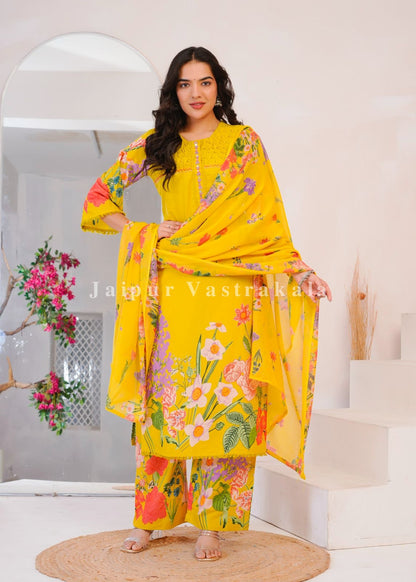 Yellow Wild Flower Cotton Dupatta Set