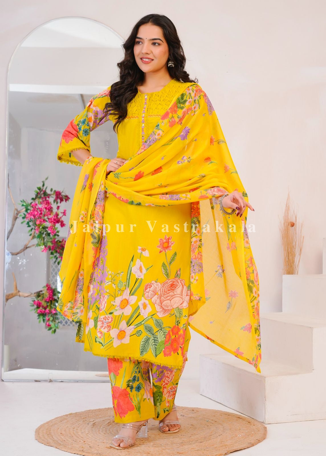 Yellow Wild Flower Cotton Dupatta Set