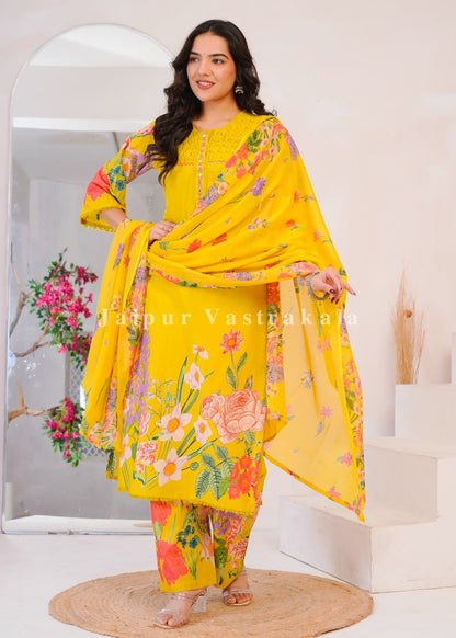 Yellow Wild Flower Cotton Dupatta Set