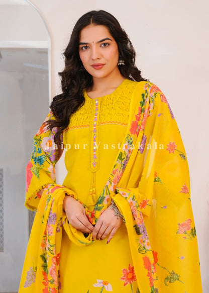 Yellow Wild Flower Cotton Dupatta Set