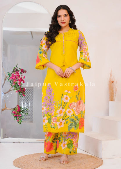 Yellow Wild Flower Cotton Dupatta Set