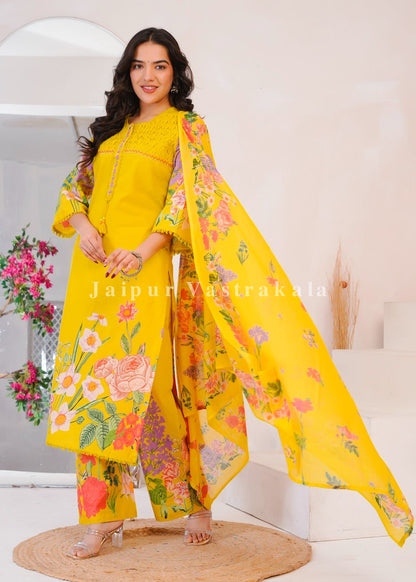 Yellow Wild Flower Cotton Dupatta Set