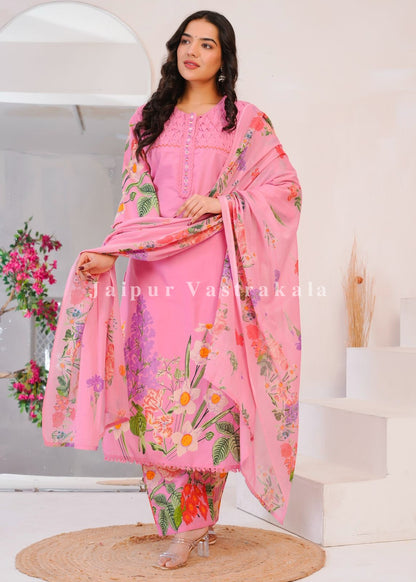 Pink Wild Flower Cotton Dupatta Set