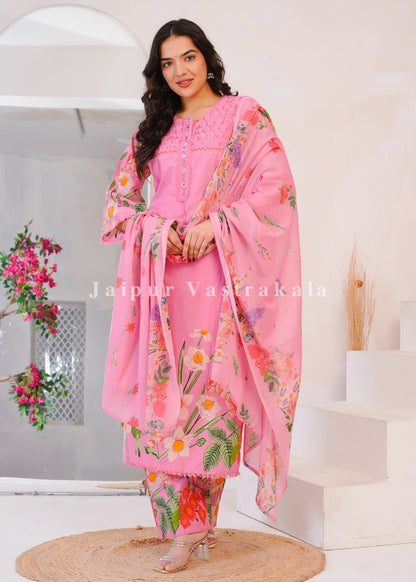 Pink Wild Flower Cotton Dupatta Set