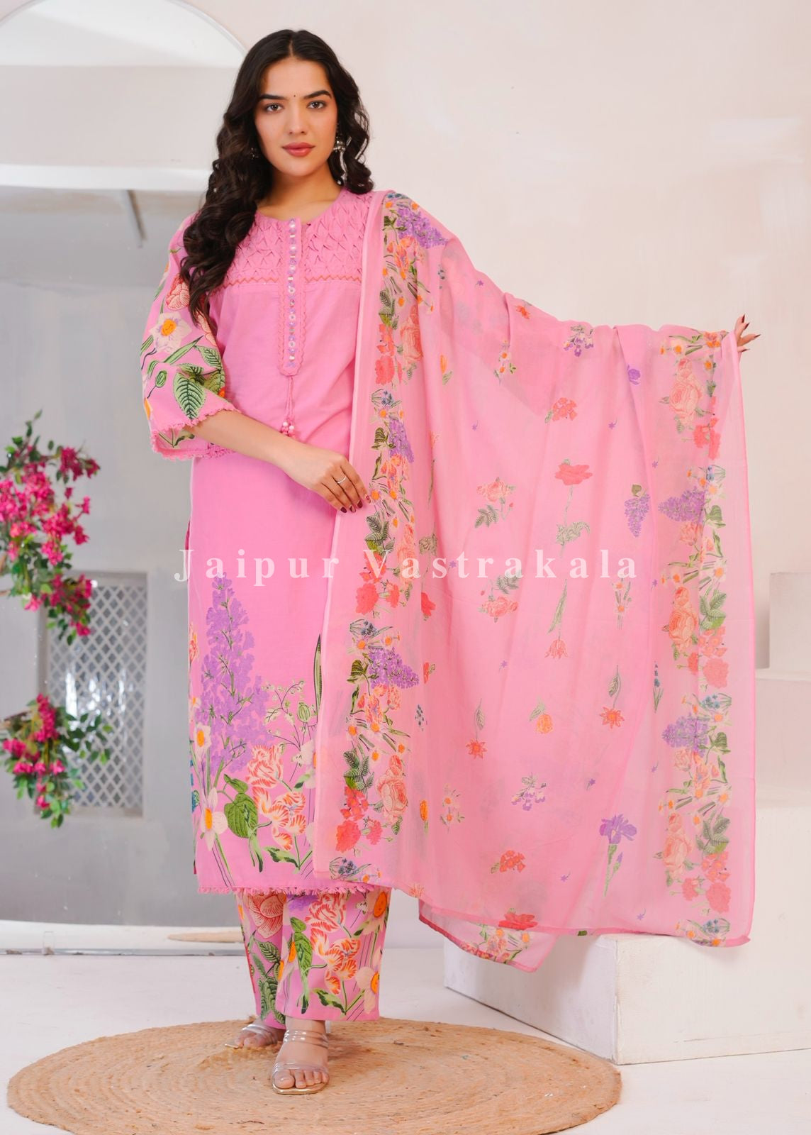 Pink Wild Flower Cotton Dupatta Set