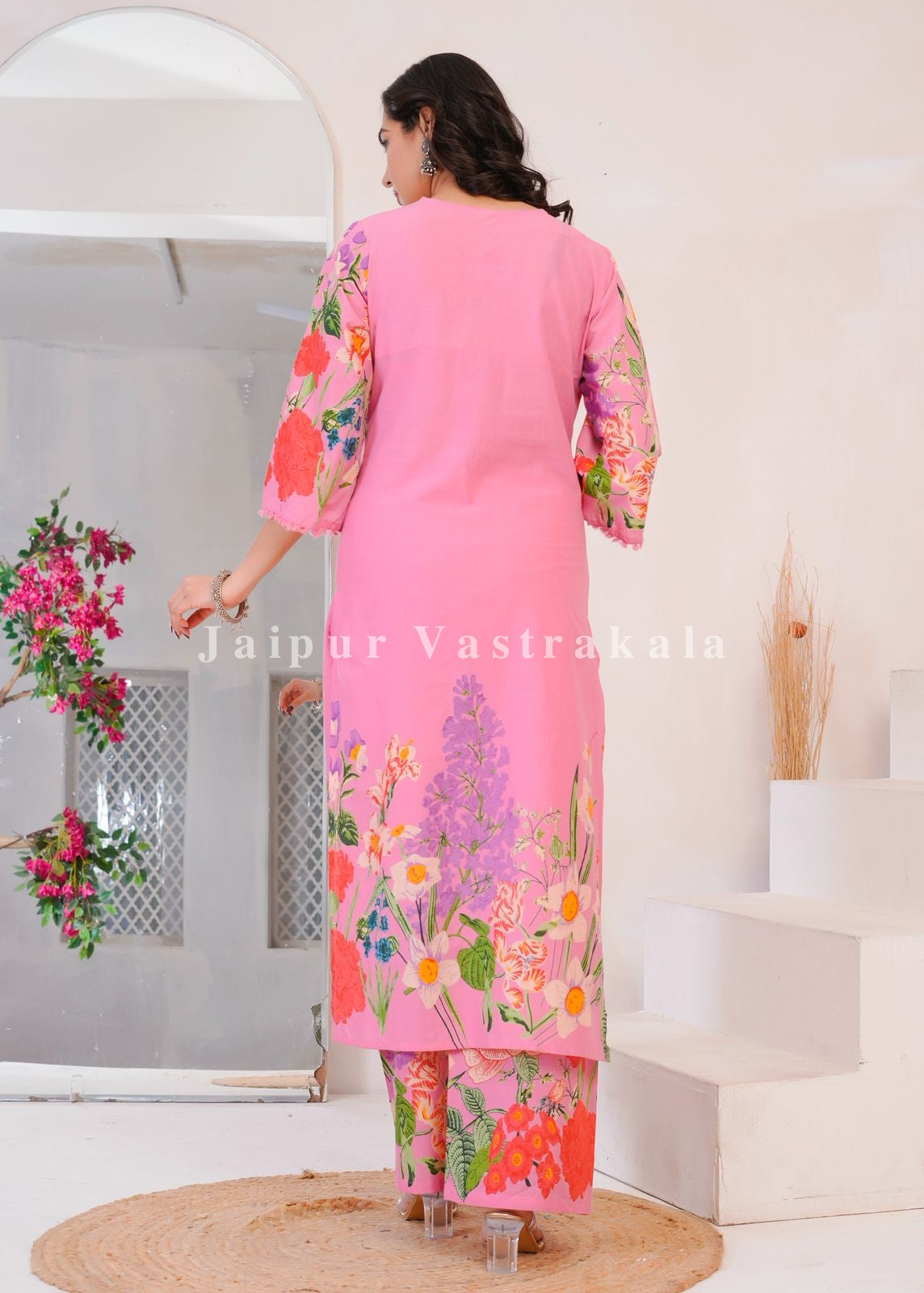 Pink Wild Flower Cotton Dupatta Set