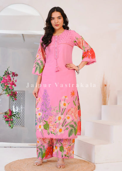 Pink Wild Flower Cotton Dupatta Set