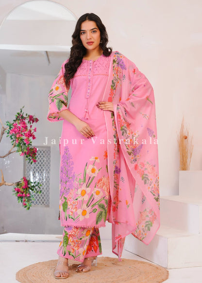 Pink Wild Flower Cotton Dupatta Set