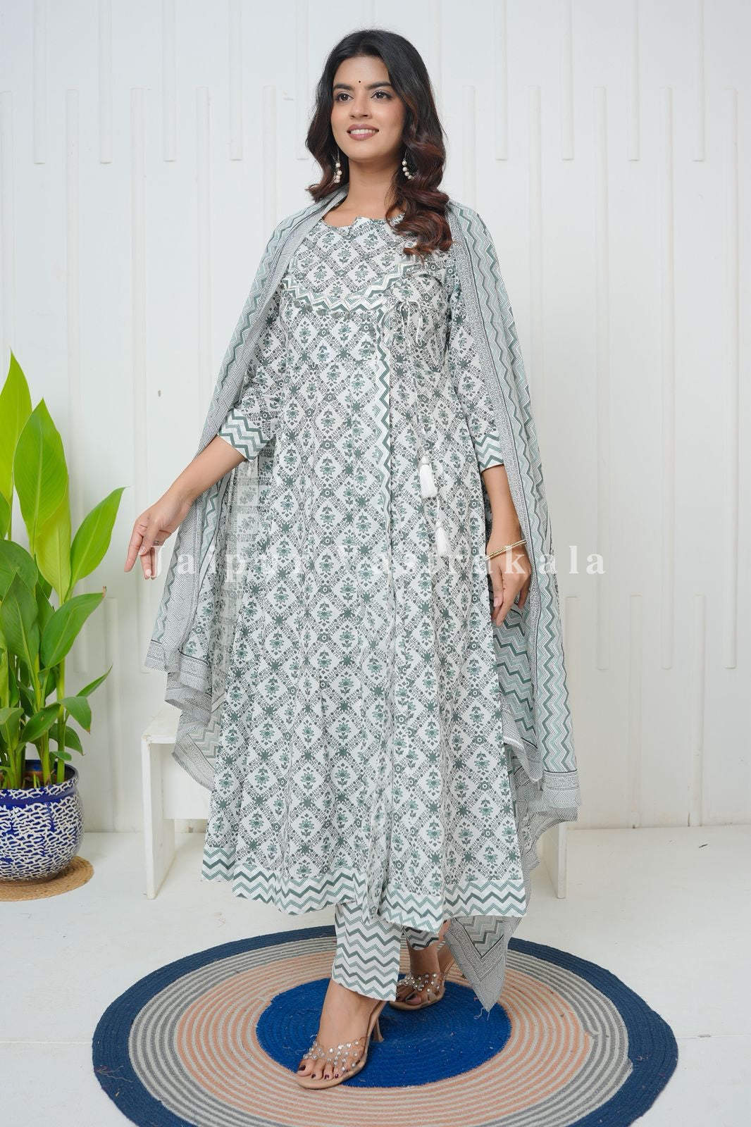 Green Cascade Angrakha Anarkali Suit