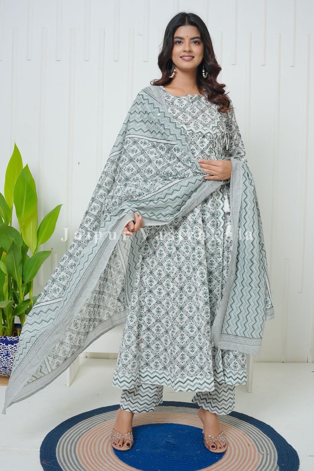 Green Cascade Angrakha Anarkali Suit