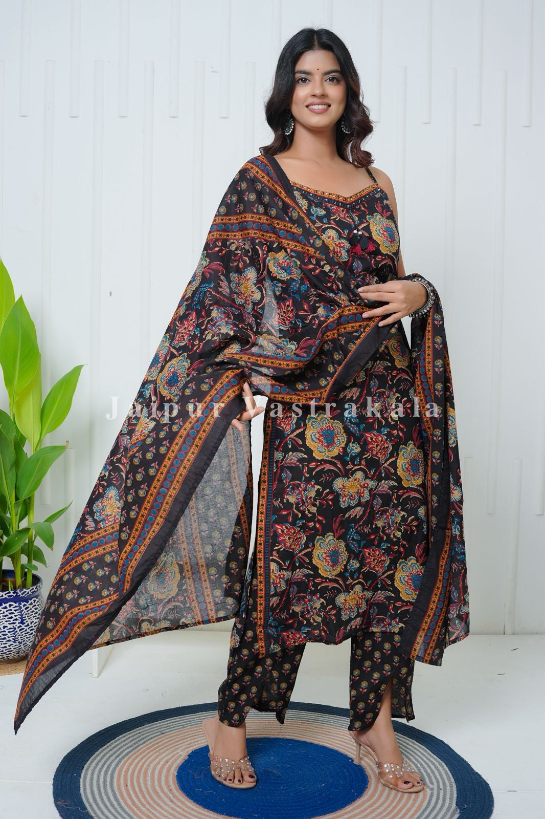 Black Phoolkari Spaghetti Cotton Set