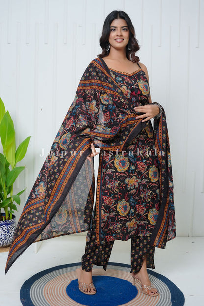 Black Phoolkari Spaghetti Cotton Set