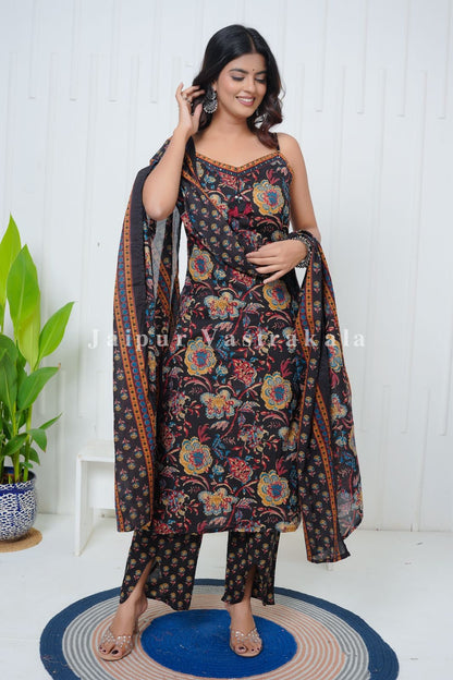 Black Phoolkari Spaghetti Cotton Set