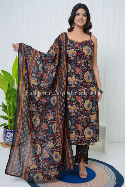Black Phoolkari Spaghetti Cotton Set
