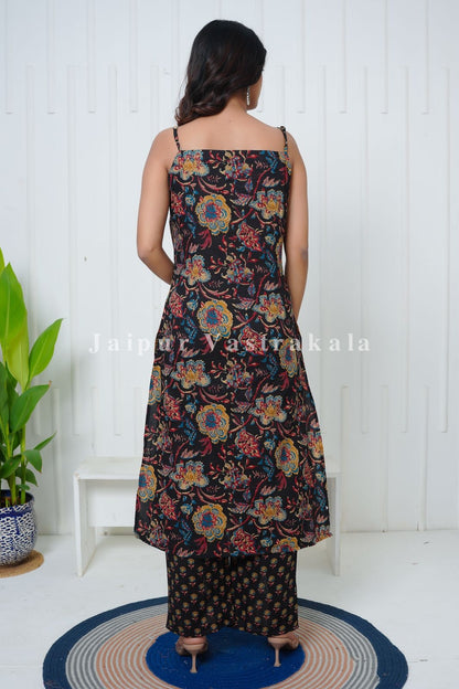 Black Phoolkari Spaghetti Cotton Set