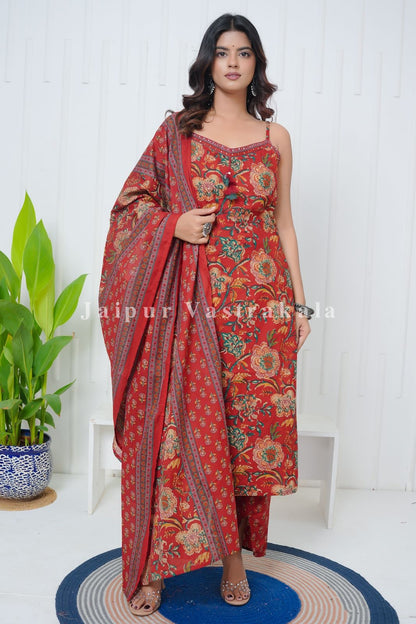 Red Phoolkari Spaghetti Cotton Set