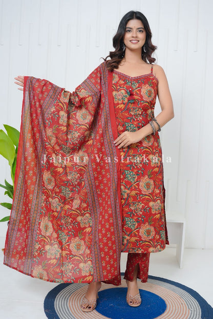 Red Phoolkari Spaghetti Cotton Set