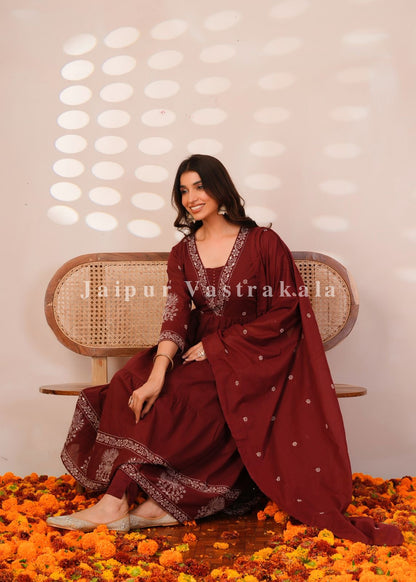 Maroon Embroidery Mul Cotton Anarkali Suit