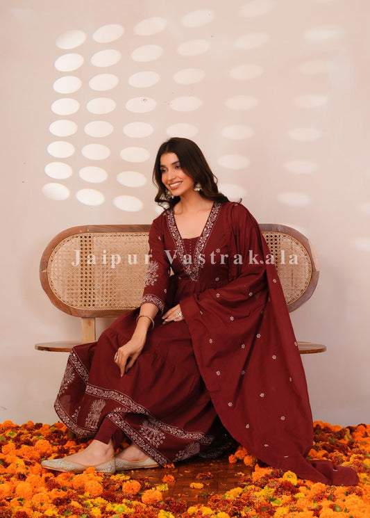 Maroon Embroidery Mul Cotton Anarkali Suit