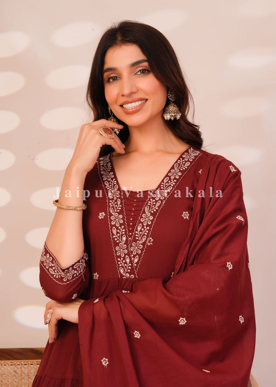 Maroon Embroidery Mul Cotton Anarkali Suit