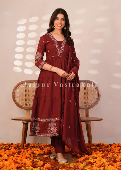 Maroon Embroidery Mul Cotton Anarkali Suit