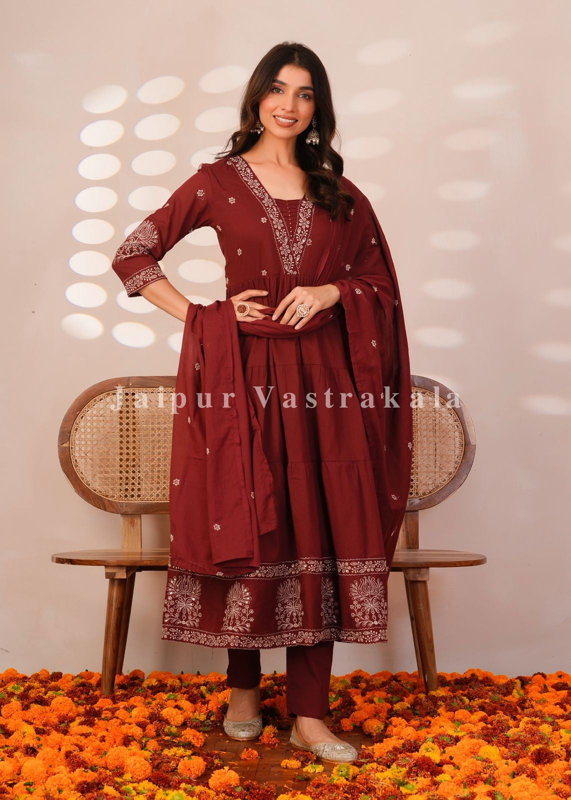 Maroon Embroidery Mul Cotton Anarkali Suit