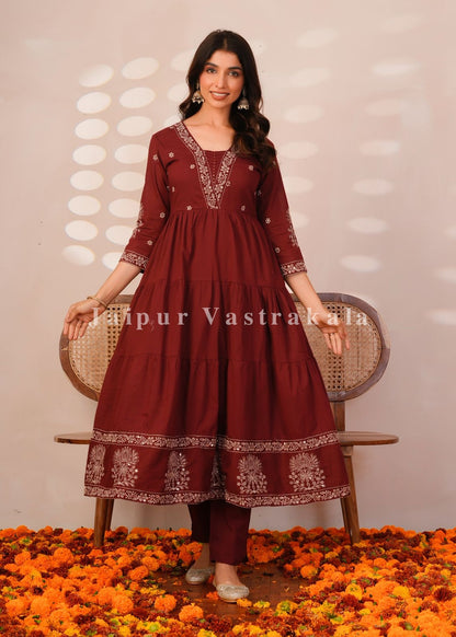 Maroon Embroidery Mul Cotton Anarkali Suit